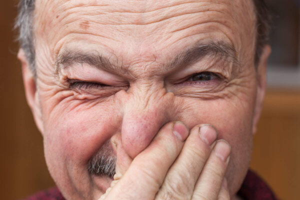 Elderly,Man,Hands,Nose,Plugs,Because,Of,Unpleasant,Smell