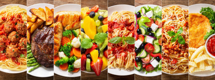 Collage,Of,Various,Plates,Of,Food,On,A,Wooden,Background,
